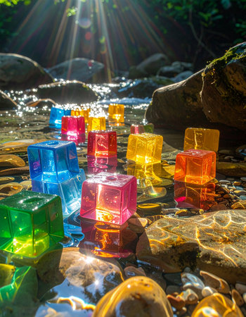 In a hidden forest stream, a collection of vibrant, translucent cubes catch the morning sunbeams, glowing with an inner light.の素材