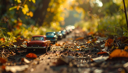 A convoy of classic toy cars embarks on an adventurous road trip down a sun-dappled forest path.の素材