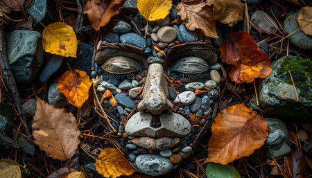 An ancient face, crafted from river stones, rests peacefully on the forest floor.の素材