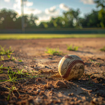 As the golden hour sun casts long shadows across the empty field, a well-loved baseball rests in the dirt.の素材