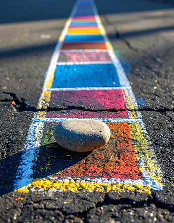 A brightly colored chalk hopscotch game offers a vibrant path forward on dark, cracked asphalt.の素材