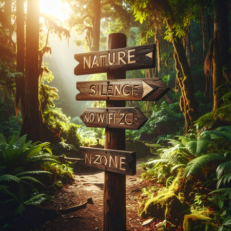 A rustic wooden signpost stands on a sun-drenched forest path, offering a clear choice. Arrows point towards 'Nature' and 'Silence,' guiding travelers away from the digital world into a 'No Wifi Zone.の素材