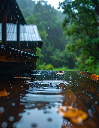 A gentle rain falls on a rustic wooden porch, with each drop creating perfect, concentric ripples in a small puddle.の素材