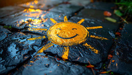 A simple, smiling sun drawn in bright yellow chalk offers a cheerful message of hope and happiness on wet, dark pavement.の素材