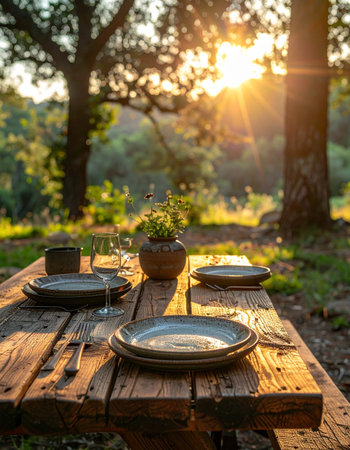 A rustic wooden table is beautifully set for an al fresco meal in the heart of nature.の素材