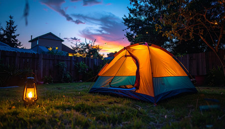 An illuminated tent glows warmly in a quiet backyard as twilight settles in.の素材