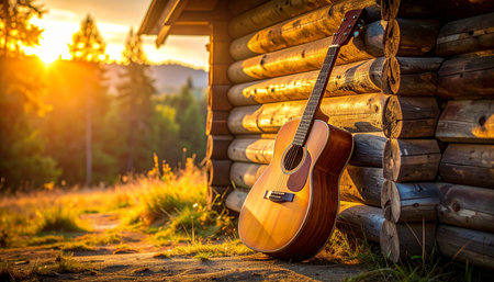 As the golden sun sets over the forest, an acoustic guitar rests against a rustic log cabin, waiting for the evening's campfire songs to begin.の素材