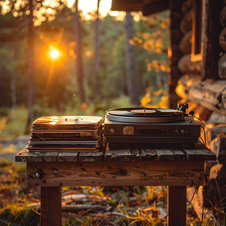 The warm glow of the setting sun filters through the trees, casting a golden light on a vintage turntable.の素材