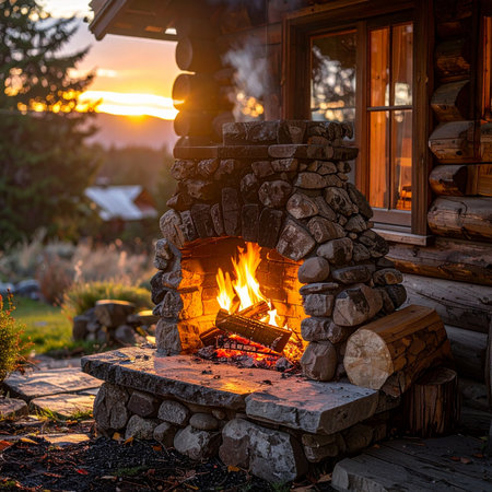 As the sun sets over the mountains, casting a golden glow, a warm fire crackles in the outdoor stone fireplace of a rustic log cabin.の素材
