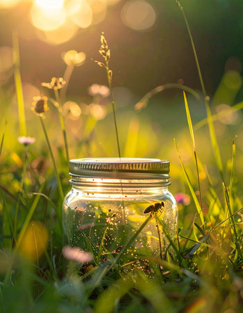 An empty glass jar rests in a sun-drenched meadow during the magical golden hour.の素材