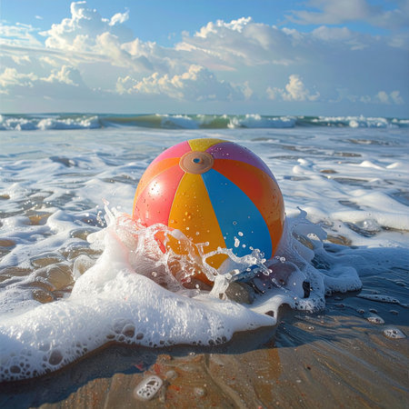 A colorful beach ball rests on the wet sand as the gentle ocean surf washes over it.の素材