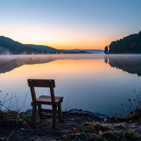 An empty wooden chair sits at the edge of a tranquil lake, patiently waiting for the start of a new day.の素材