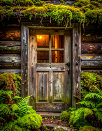 A warm, inviting glow emanates from behind a weathered wooden door, nestled deep within an enchanted, moss-covered forest.の素材