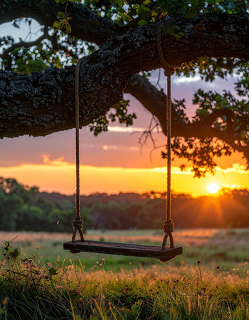 An empty wooden swing hangs from a sturdy oak branch, silhouetted against a breathtaking golden sunset.の素材