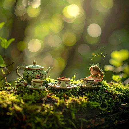 In a hidden corner of a sun-dappled forest, a tiny fairy enjoys a quiet moment of peace.の素材