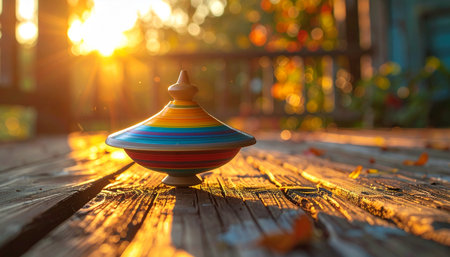 A classic wooden spinning top rests on a rustic table, its colorful stripes glowing in the warm, golden light of a setting sun.の素材