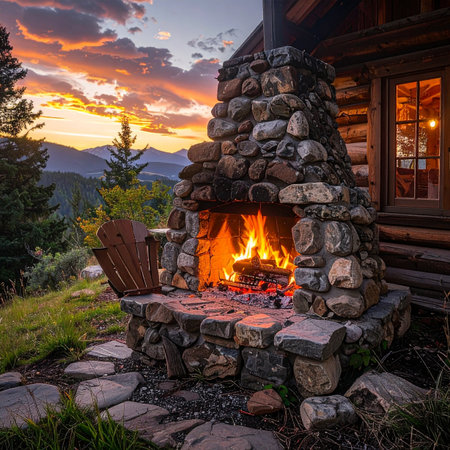 As the sun sets behind the mountains, casting a warm glow across the sky, a crackling fire in a rustic stone fireplace offers a cozy and inviting retreat.の素材