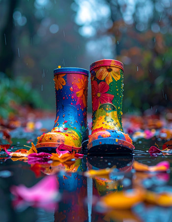 A pair of brightly colored children's rain boots stands in a puddle, surrounded by fallen autumn leaves.の素材