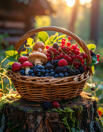 A rustic wicker basket overflows with a freshly picked harvest of wild berries and mushrooms.の素材
