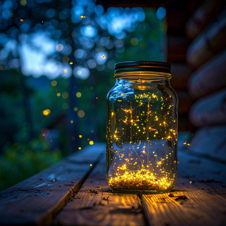 A glass mason jar filled with glowing fireflies sits on a rustic wooden porch at twilight.の素材