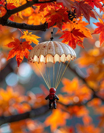 A miniature astronaut figurine makes a gentle descent by parachute, not onto a distant planet, but into the warm, glowing embrace of vibrant red and orange maple leaves.の素材