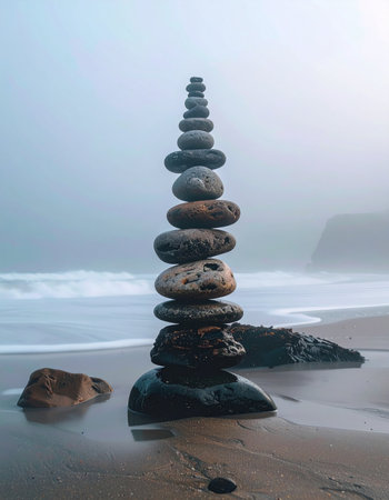 A towering stack of carefully balanced stones stands as a monument to patience and tranquility on a wet, sandy shore.の素材