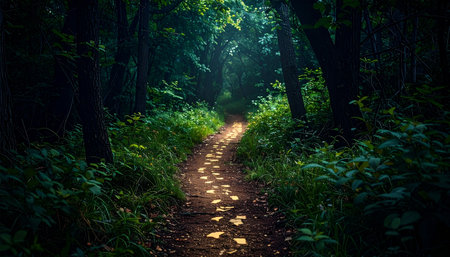 Sunlight filters through a dense canopy, illuminating a hidden path forward.の素材
