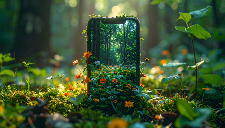 In a sun-dappled forest, a smartphone stands not as an intruder but as a part of the ecosystem.の素材