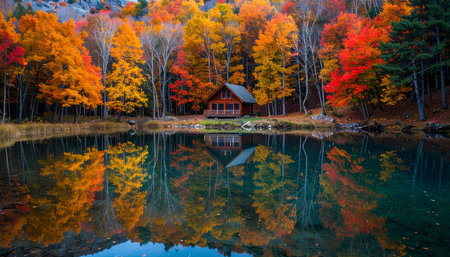 A secluded wooden cabin nestles among a forest ablaze with brilliant autumn colors.の素材
