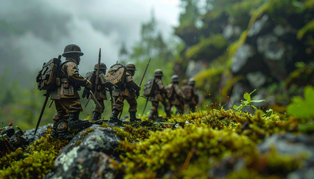 A detailed diorama of a miniature soldier squad on patrol, navigating through a misty, moss-covered forest terrain.の素材