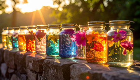 A row of colorful, handcrafted mason jars filled with flowers and glitter catch the last rays of the setting sun.の素材
