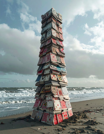 A towering monument of stacked books stands like a lighthouse on a windswept beach, its pages weathered by the sea spray.の素材