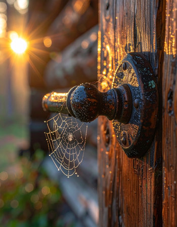 As the sun rises, its golden light catches the morning dew on a delicate spiderweb, spun on a forgotten antique doorknob.の素材