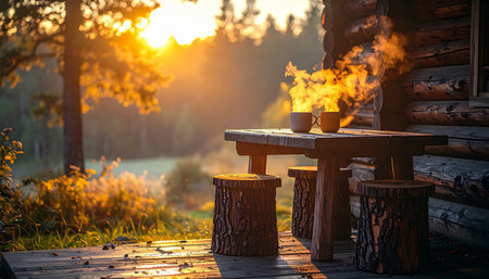 The sun rises over the misty forest, casting a warm golden glow on the porch of a rustic log cabin.の素材