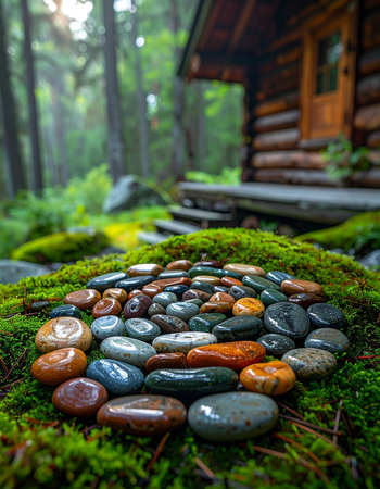 A carefully arranged spiral of smooth, colorful river stones rests on a vibrant bed of green moss.の素材