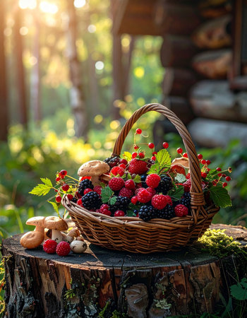 A wicker basket overflowing with the day's forest harvest rests on an old mossy stump.の素材