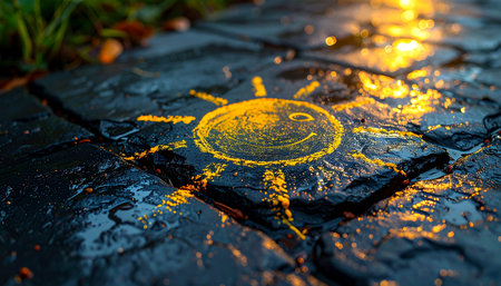 On a damp, reflective stone path, a whimsical drawing of the sun radiates a cheerful, golden light.の素材