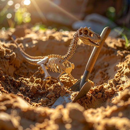 A miniature dinosaur skeleton is unearthed from the sandy soil during a backyard archaeological dig.の素材