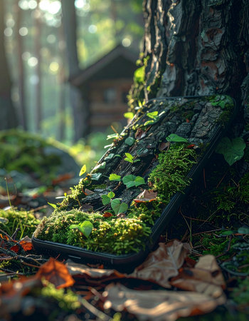 A smartphone lies forgotten on the moss-covered roots of an ancient tree, its dark screen a stark contrast to the vibrant life of the sun-dappled forest.の素材