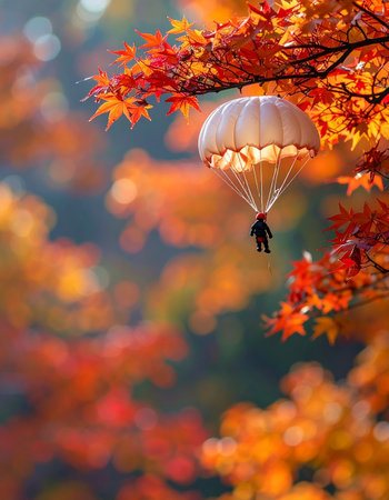 A lone paraglider drifts serenely through a breathtaking canopy of fiery autumn leaves.の素材