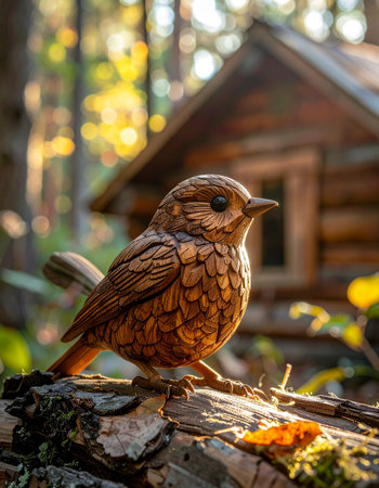 A beautifully handcrafted wooden robin sits peacefully on a mossy log, bathed in the warm glow of the morning sun.の素材