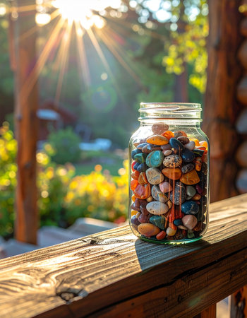 A glass jar filled with a colorful collection of polished stones and agates sits on a rustic wooden railing.の素材
