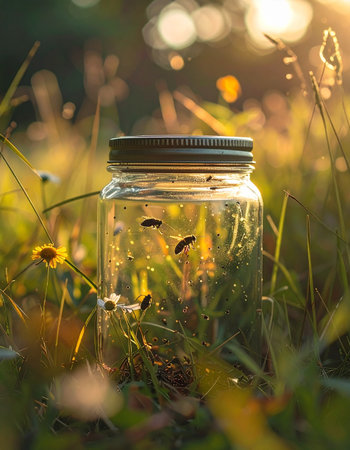A glass jar filled with glowing fireflies rests in a meadow during the golden hour.の素材