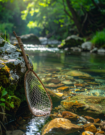 A handmade fishing net rests on a mossy rock beside a clear, sun-dappled stream.の素材