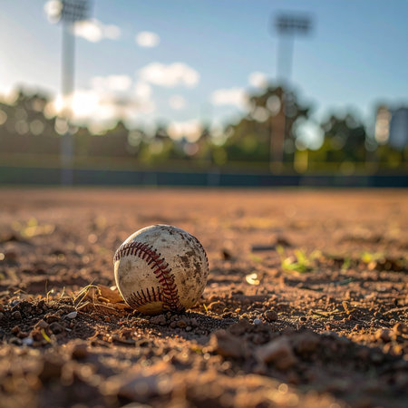 A well-loved baseball rests in the dirt of the infield as the golden hour sun sets over the empty field.の素材