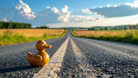 A small rubber duck sits on the centerline of a long, empty country road, poised for an adventure.の素材