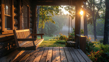 The golden morning sun filters through the trees, casting long shadows across the wooden porch of a rustic log cabin.の素材
