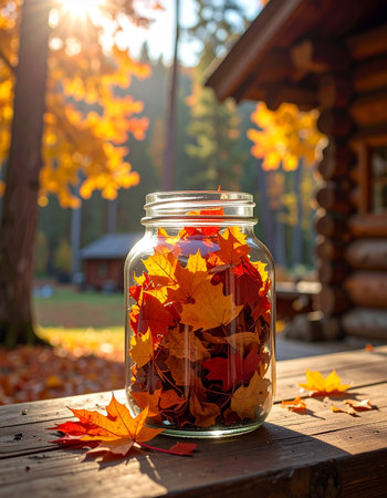 A glass jar filled with the vibrant colors of autumn sits on a rustic wooden porch.の素材