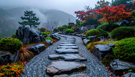 Follow the ancient stone path as it winds through a tranquil Japanese garden.の素材