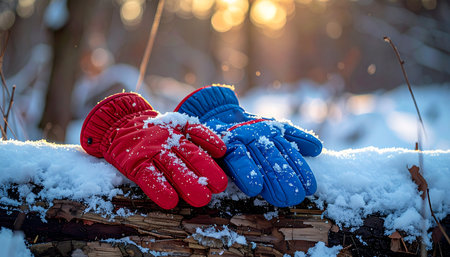 A pair of colorful children's mittens, one red and one blue, rest on a snow-covered log after a day of play.の素材
